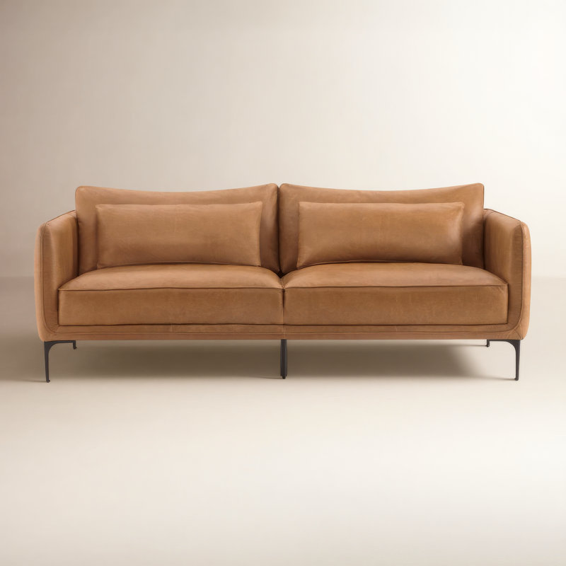 Rae 84" W Top Grain Leather Upholstered Sofa with Metal Legs, Marseille Brown Genuine Leather