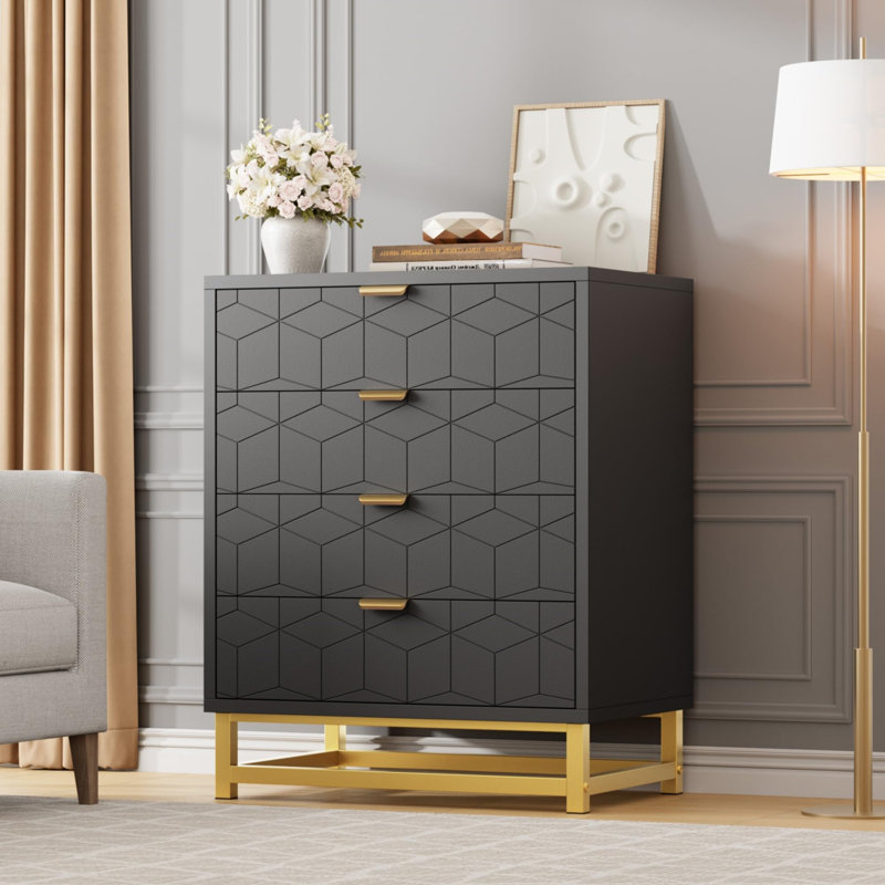 Commode de 23,6 po de largeur pour chambre à coucher, 4 tiroirs, commode en bois avec poignées dorées, armoire de rangement pour couloir