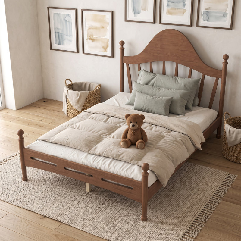 Lit plateforme double en bois avec tête de lit et lattes, Full, Antique Brown