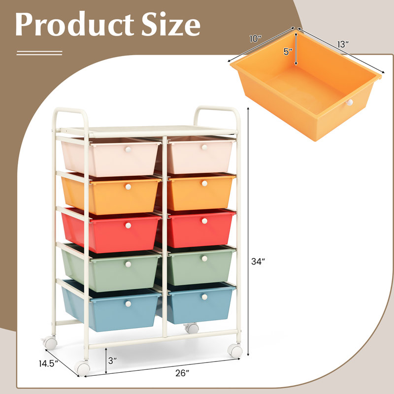 Milin 10 Drawer Storage Drawer with Locking Wheels, Blue/Green/Red