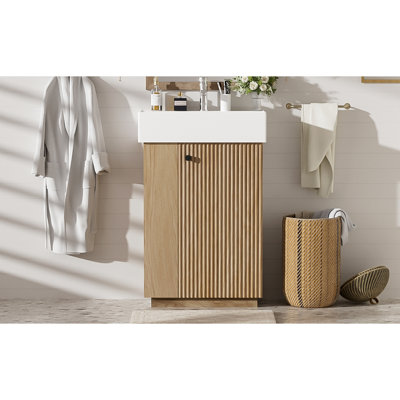 Meuble-lavabo de 21,6 po avec lavabo en céramique, finition grain de bois, fonction de fermeture en douceur, rangement latéral pour la conception et porte-mouchoirs de petite taille