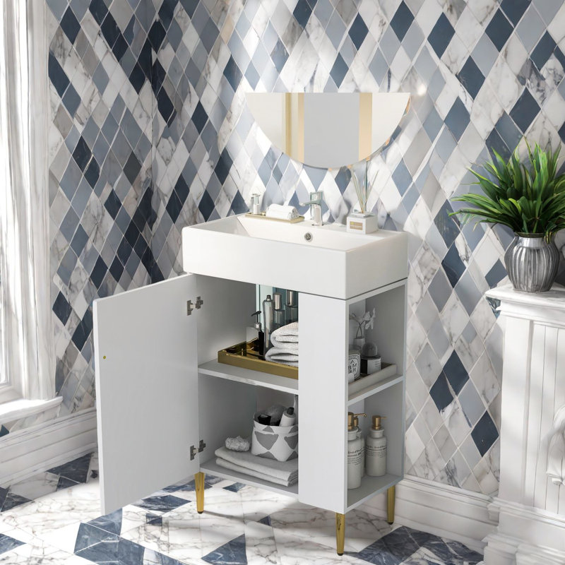 Meuble-lavabo moderne peu encombrant avec lavabo en céramique, panneau de fibres à densité moyenne blanc