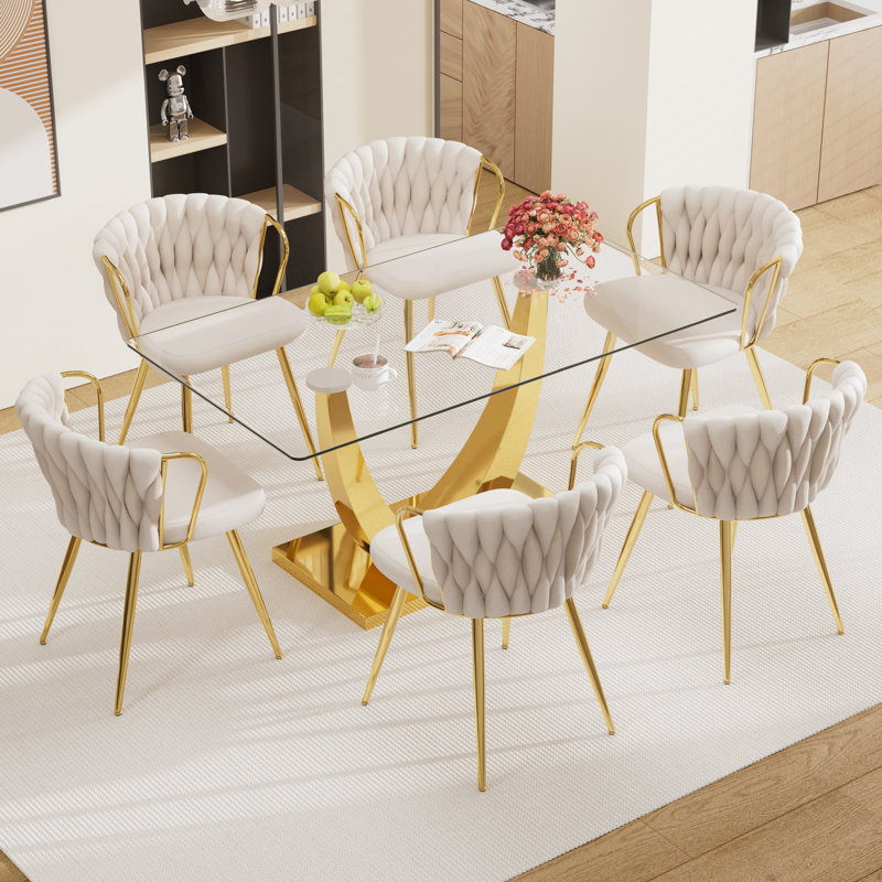 Elegant Rectangle Glass Dinning Table Set for 4-6, Clear, 7 Pieces: Table, 6 Chairs, Beige