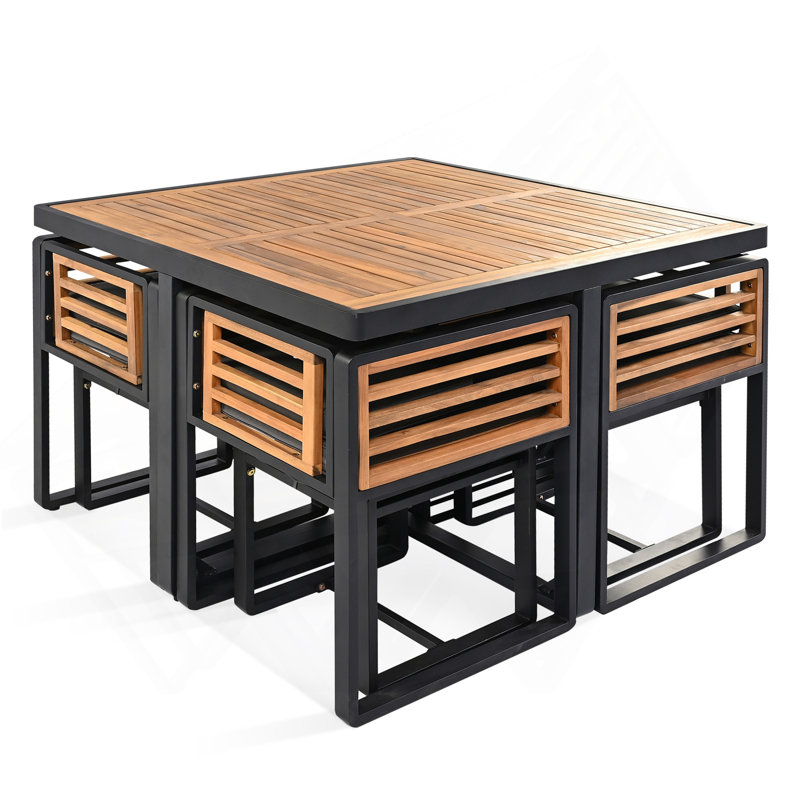 GO 9-Pieces Acacia Wood Patio Dining Set, Space Saving Outdoor Patio Set, 4 Cushioned Chairs & 4 Ottomans & 1 Square Table, For Backyard, Garden, Deck And Poolside, Gray