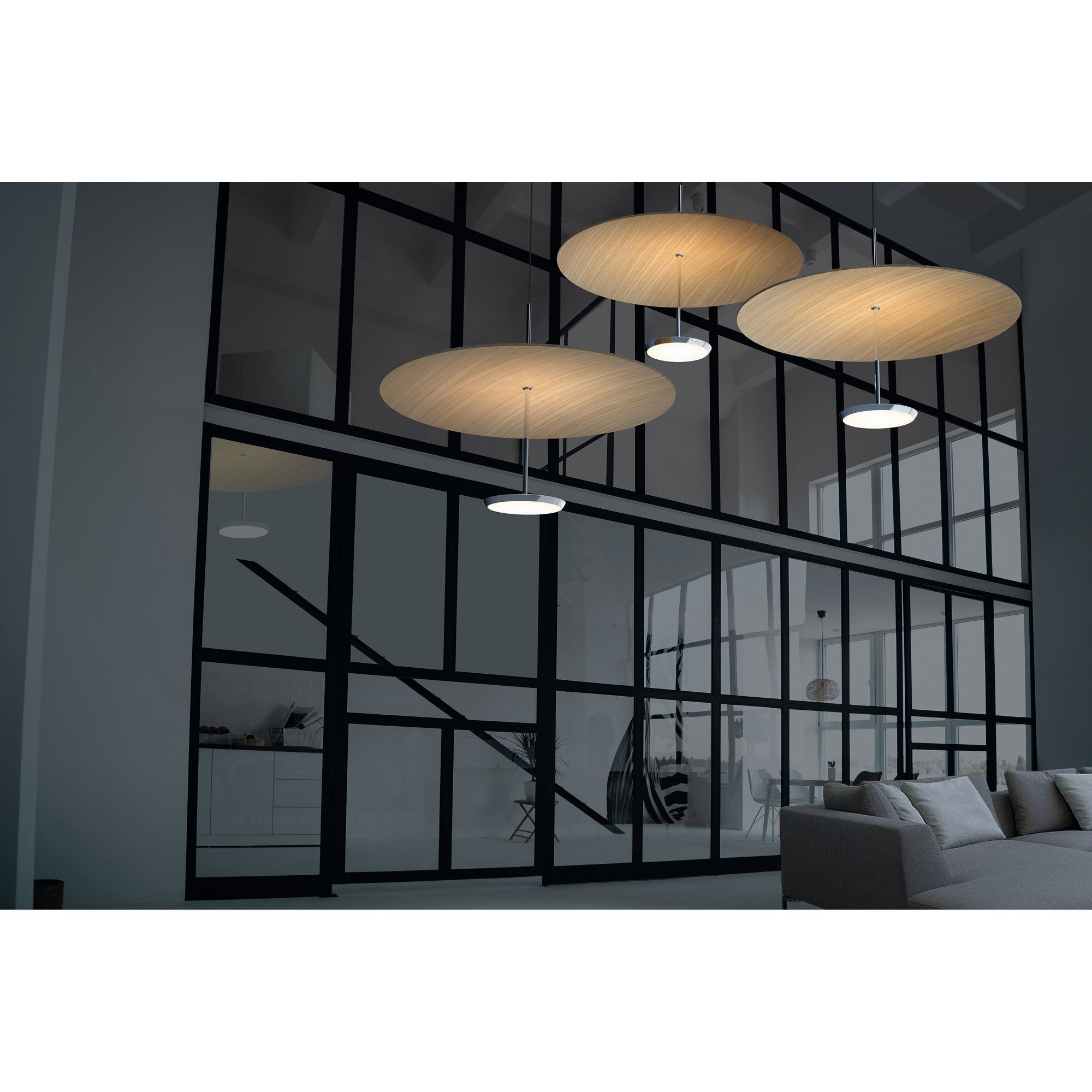 Sky Dome 1 - Light LED Pendant, 17.5" H x 24" W x 24" D, White Oak, Matte Black