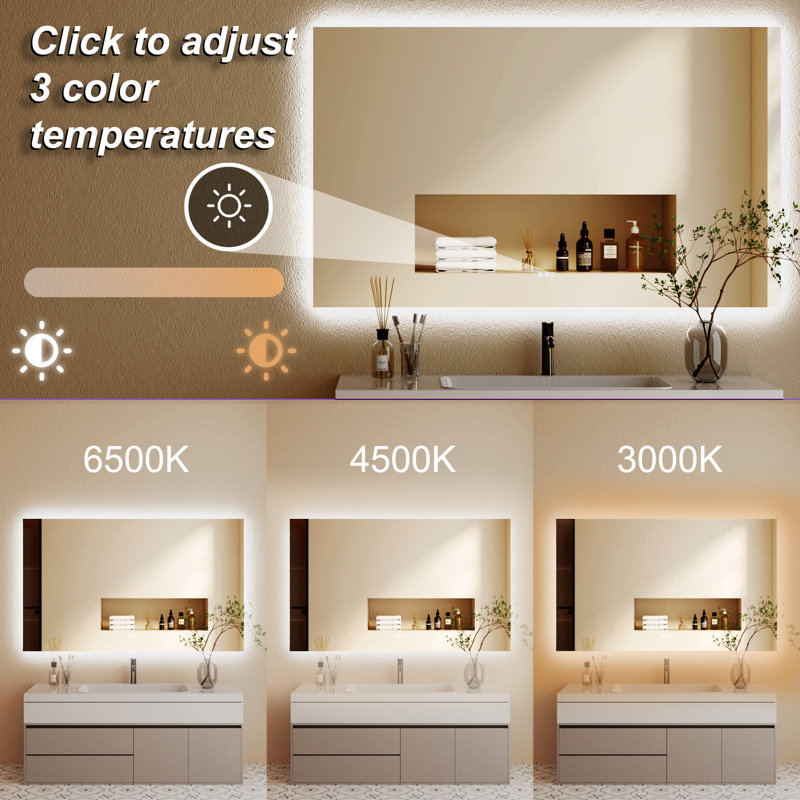 Modern ETL Certified LED Frameless Backlit Anti-Fog Dimmable Tempred 3-color Temperatures Rectangular Vanity Mirror For Bathroom