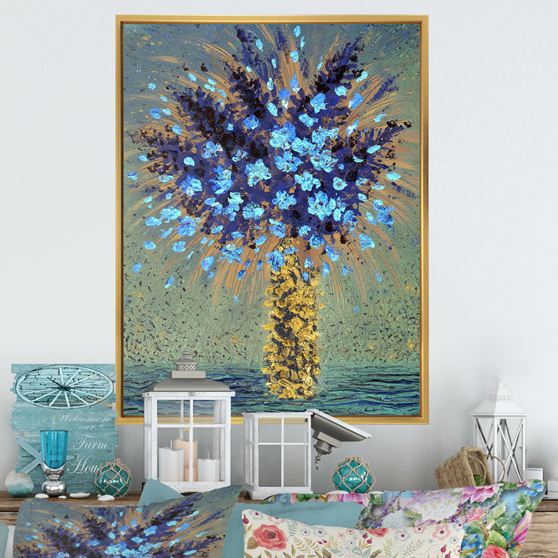 Fleurs bleues - peinture, H 12 po x l 8 po x P 1 po, Cadre flottant doré