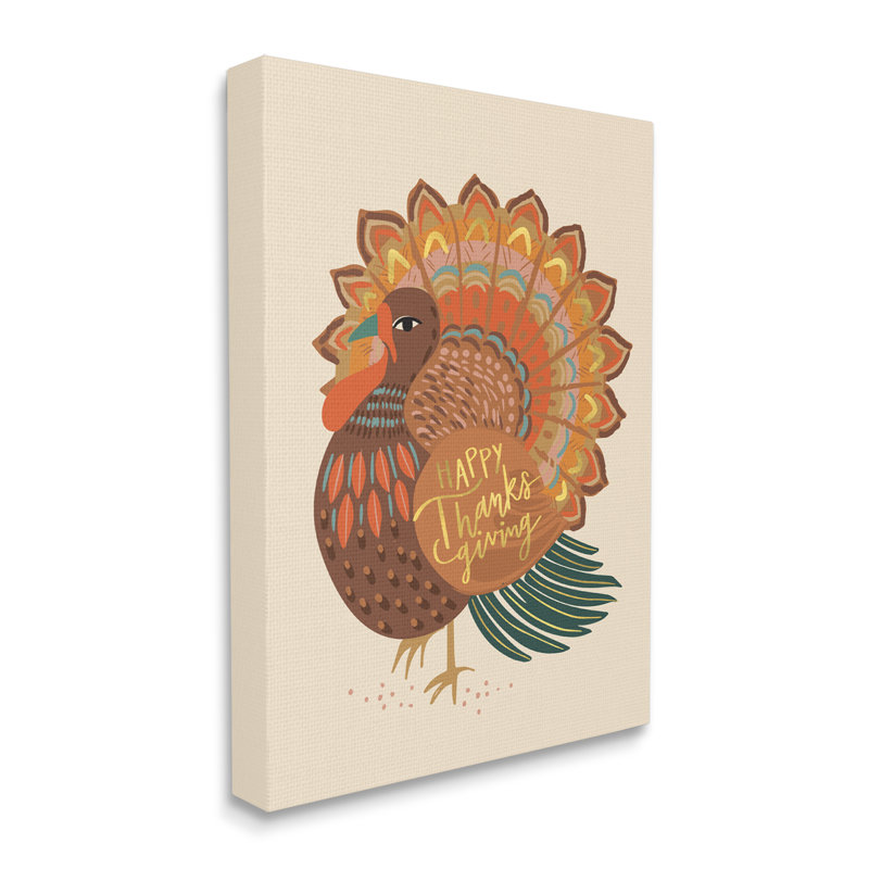 " Happy Thanksgiving Festive Orange Wild Turkey Patterned ", 48" H x 36" W x 1.5" D, Wrapped Canvas