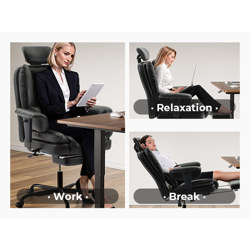 Fauteuil d'ordinateur noir avec repose-pieds multifonctionnel extensible, réglable, double couche et rétractable, mousse à mémoire de forme douce