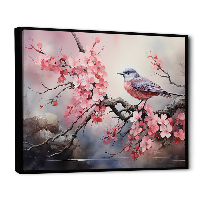 Oiseaux roses et bleus sur un arbre en fleurs de cerisier III - Art mural oiseau, Cadre flottant noir