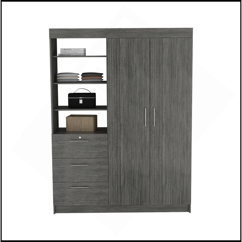 Armoire 3 tiroirs Kenya, double porte, 3 tablettes en chêne fumé