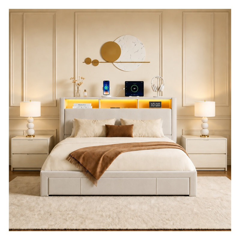 Grand lit plateforme tapissier avec tiroirs de rangement et tête de lit rembourrée, velours côtelé beige