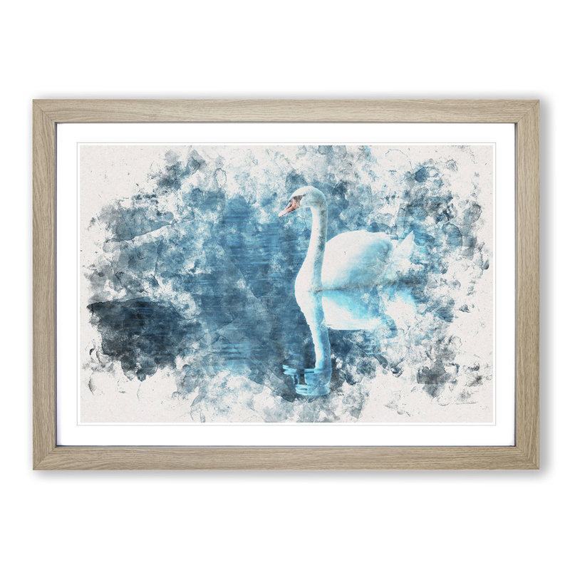 White Swan on a Blue Lake Watercolour - Picture Frame Graphic Art Print on MDF, 36cm H x 48cm W x 2cm D, Oak Framed