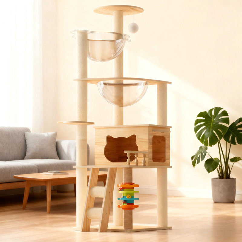 Tour à chat moderne de 59 po, tour à chat en bois pour chats d'intérieur, arbre à chat avec poteaux à griffes recouverts de sisal et perchoir supérieur, maisonnette pour chat avec hamac en acrylique pour petits chats de grande taille