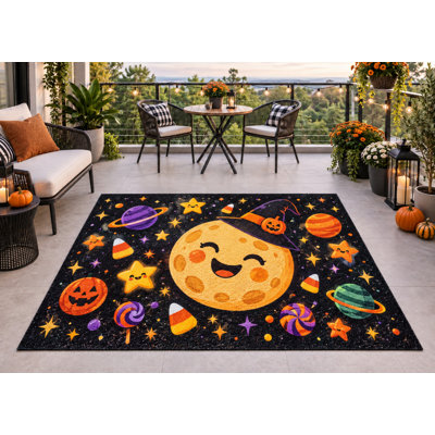 Tapis d'extérieur 152 x 213 cm (5' x 7') motif Halloween Lune Sorcière Espace Bonbons, épais, imperméable, en PVC bouclé, résistant, séchage rapide, idéal pour l'entrée ou l'intérieur.