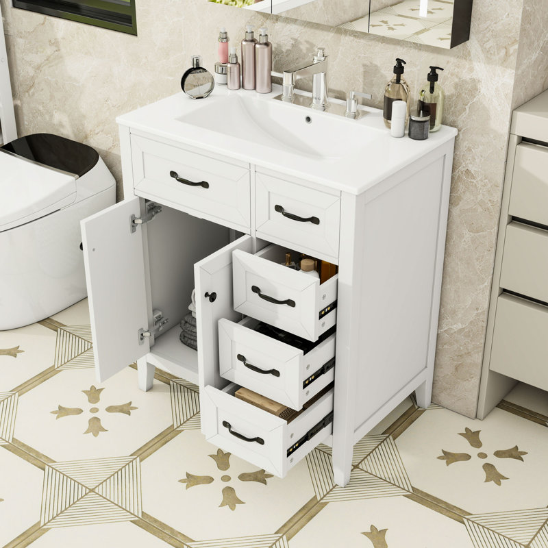 Meuble-lavabo contemporain avec lavabo en céramique et tiroirs à fermeture en douceur