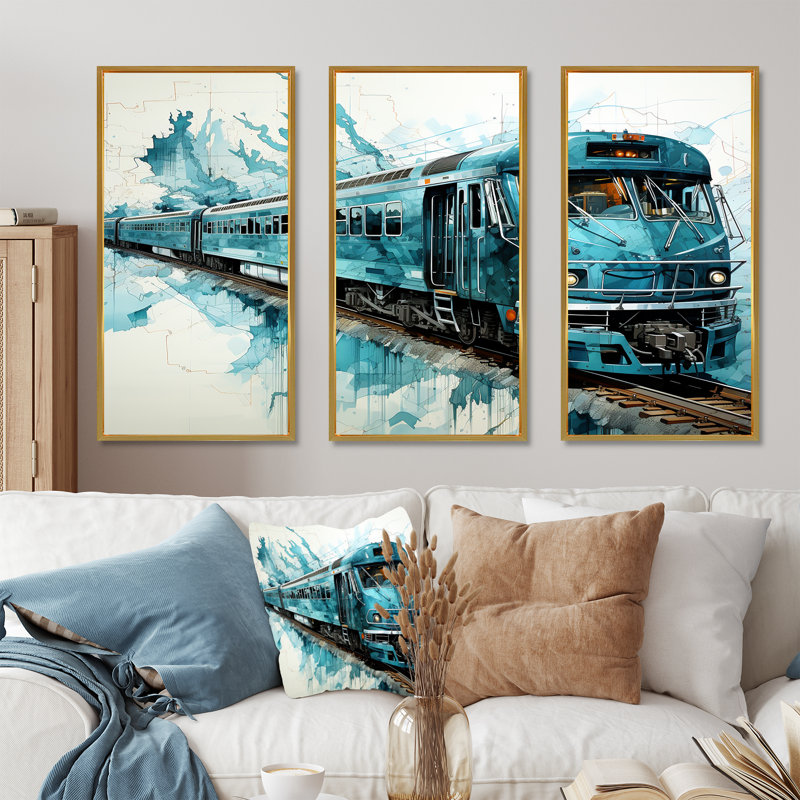 «Usa Map Rail Render - Train», impression d'art mural, Cadre flottant doré, H 28 po x l 36 po x P 1 po