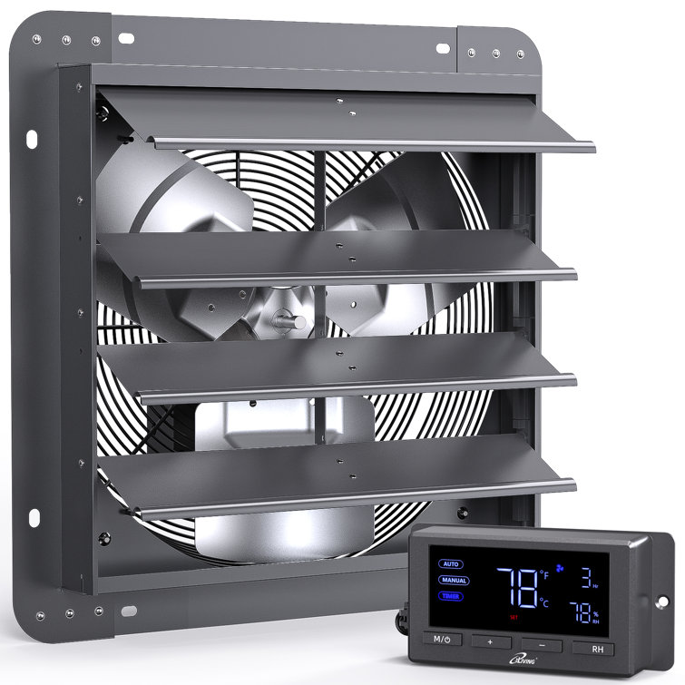 iLIVING ILG8SF14V-DC 14" Wall Mounted Shutter Exhaust Fan, Automatic Shutter, Temperature and Humidity Controls with Variable Speed, 1200 CFM at 1600 RPM DC Motor
