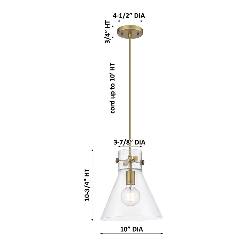 Luminaire suspendu à cordon 1 lumière 14 "Newton Cone, Laiton brossé, H 11,75 po x l 10 po x P 10 po