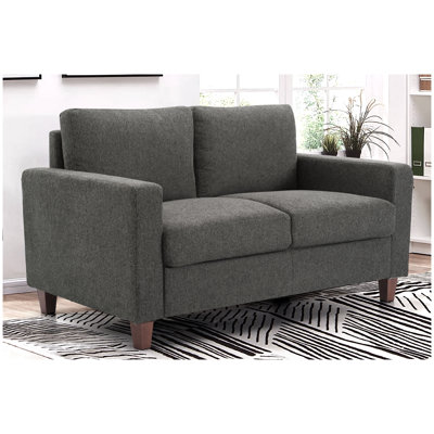 Canapé 2 places de style moderne du milieu du siècle, recouvert de tissu polyester gris avec coussins en mousse haute densité et pieds amovibles en bois massif, idéal pour un salon ou un appartement.