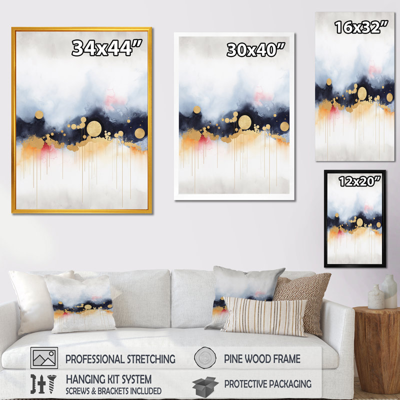 Abstrait bleu et jaune cascade de marbre IV - formes abstraites, art mural, Cadre flottant noir, H 32 po x l 24 po x P 1 po