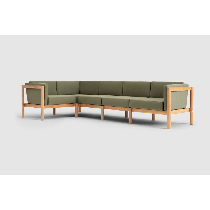 Haven Teak Outdoor Sectional With Sunbrella Cushions In Graystone, Sunbrella Leaf, 5