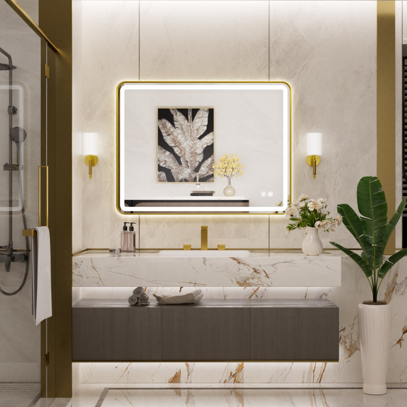 Miroir de salle de bain lumineux à DEL avec cadre en aluminium, éclairage avant et arrière, antibuée, 3 températures de couleur et intensité variable
