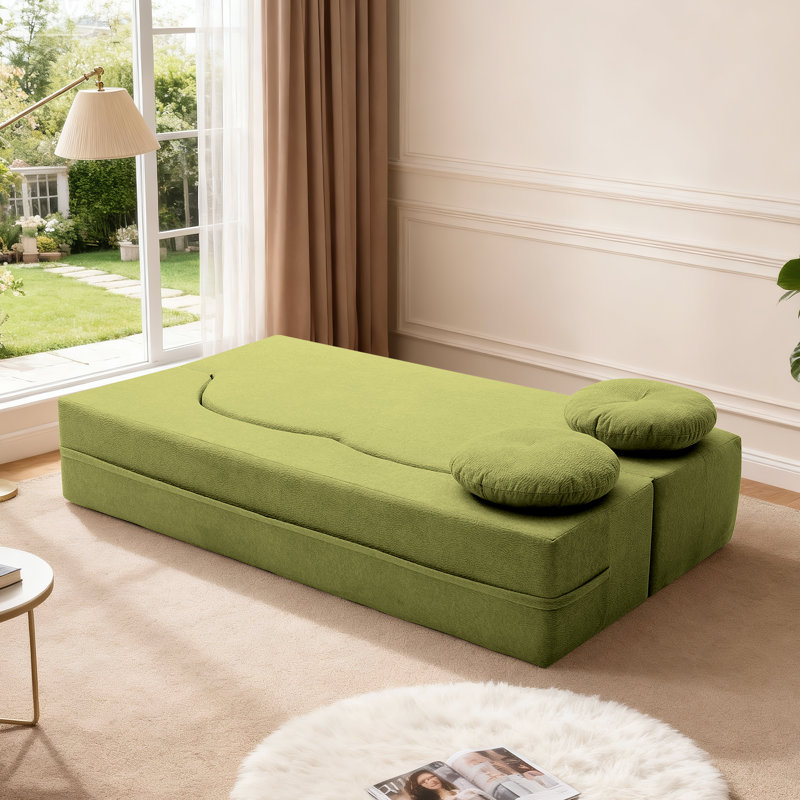 Canapé-lit pliable en velours sans os 75,5 po Lychee, sans assemblage requis avec deux coussins, vert, Velours vert