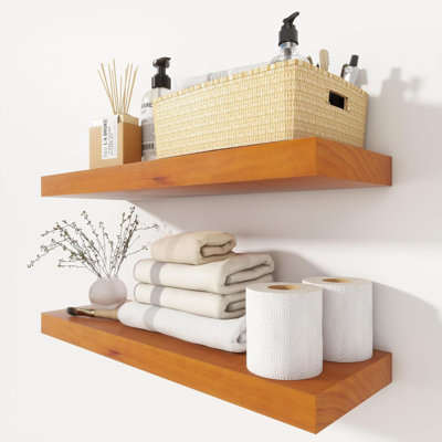Rustic Wood Floating Shelves 24"W X 8"D - Deep Wall Storage Shelves Set Of 2 For Kitchen, Bedroom, Living Room