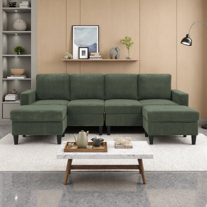 Canapé modulaire confortable avec 2 tabourets modulaires gris foncé Cordory, Vert foncé