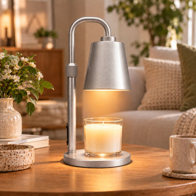 Lampe chauffe-bougie avec minuterie et variateur, brûleur à cire pour bougies parfumées en pot, cadeau de pendaison de crémaillère pour femme, hauteur réglable, pour chambres, cuisine ou bureau, décoration esthétique (argent métallisé)