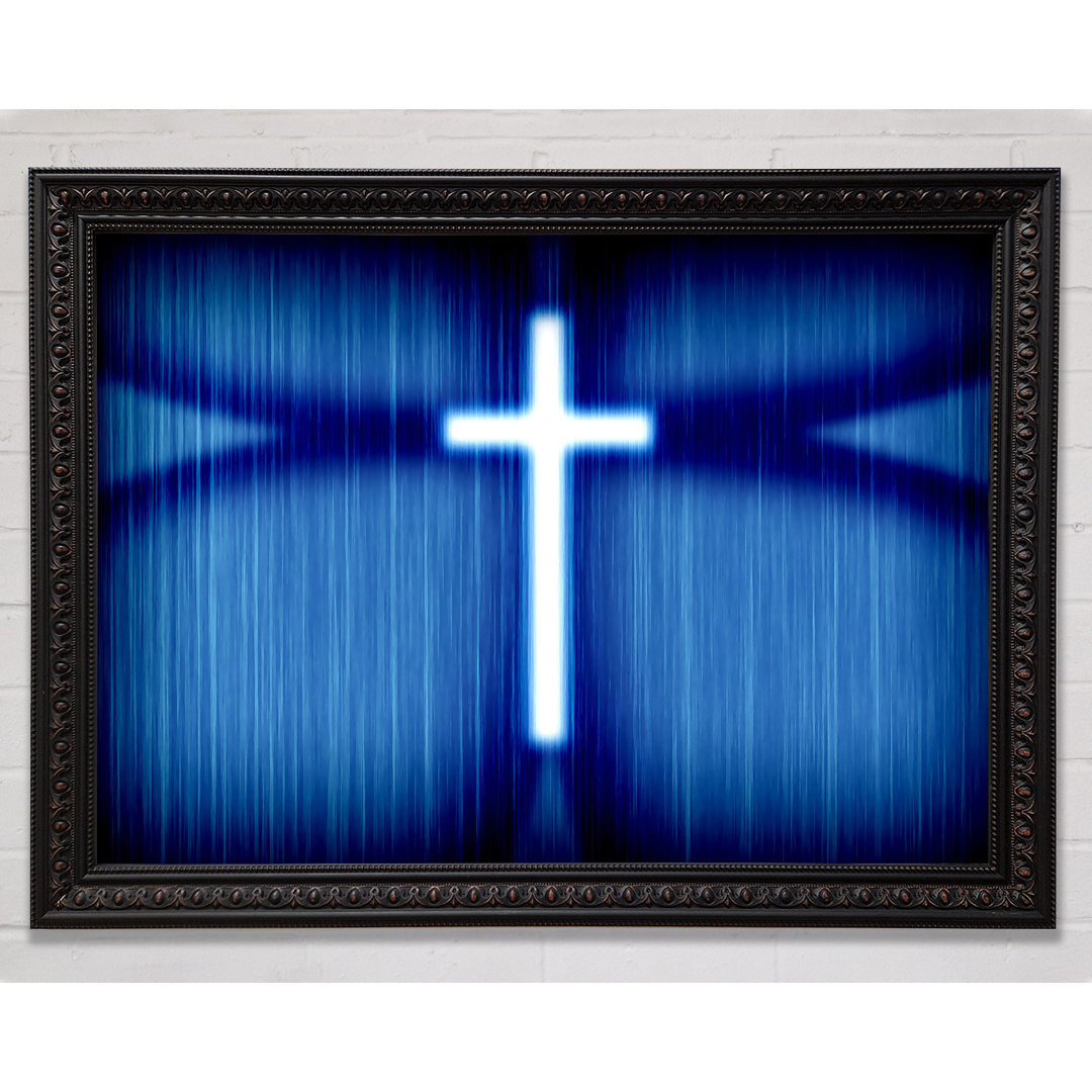 Christliches Silberkreuz mit blauem Hintergrund - Einzelner Bilderrahmen Druck