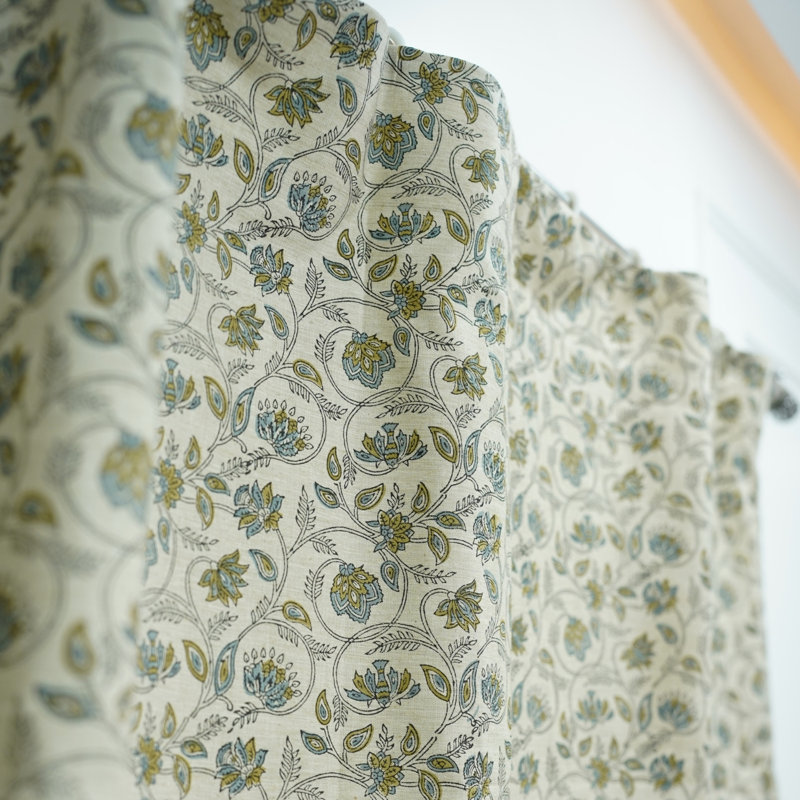 Bluish Green & Mustard Handmade Linen Curtain Light Filtering Block Print Drapes for Elegant Home Décor- Saraswati