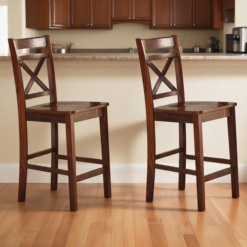 Ensemble de 2 chaises de salle à manger à hauteur de comptoir en bois massif à dossier croisé élégant pour surfaces de comptoir