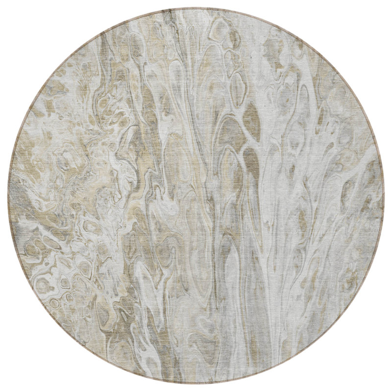 Tapis extérieur rond lavable abstrait taupe 8 'beige et ivoire