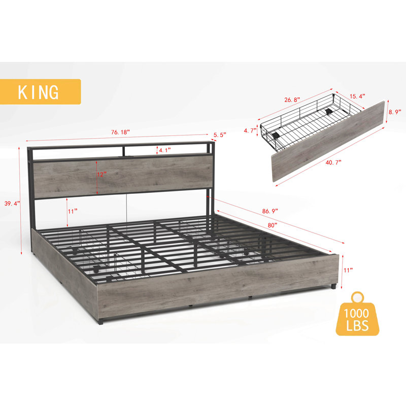 Bed Frame, Storage Headboard With Charging Station, Solid And Stable, Noise Free, No Box Spring Needed, Easy Assembly, King