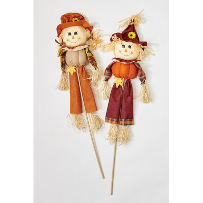 Outdoor 40" Boy & Girl Fall Harvest Scarecrow Yard Stake, Set of 2