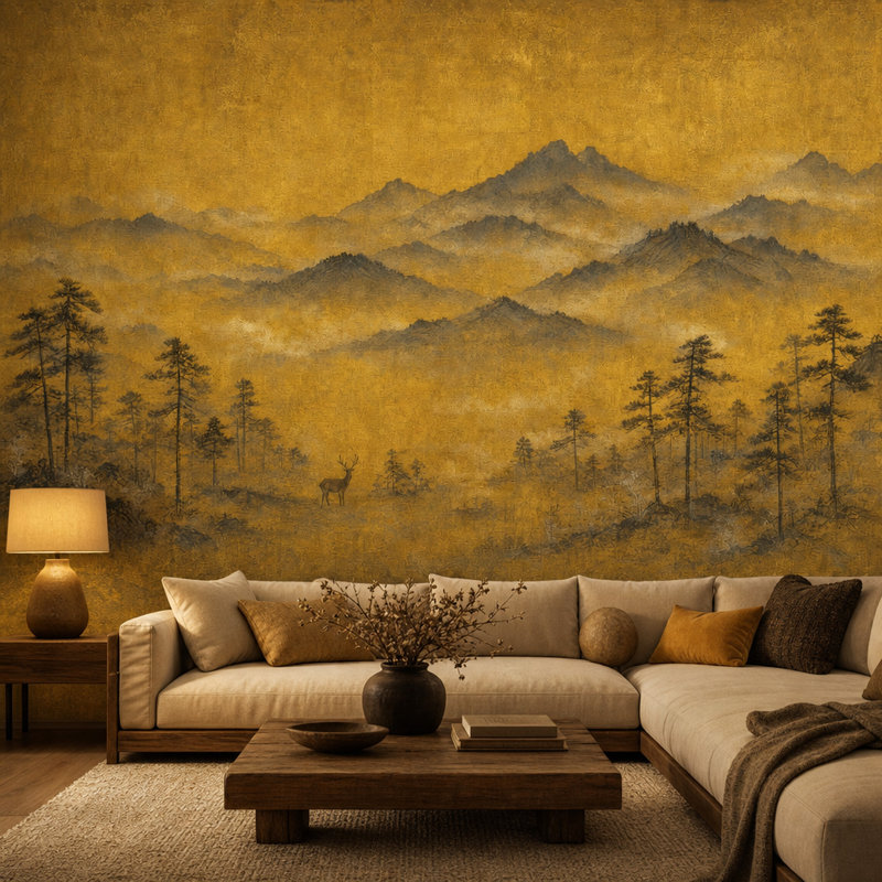 Papier peint paysage de montagne dorée, silhouette de cerf brumeux, 160"x108", Peel and Stick