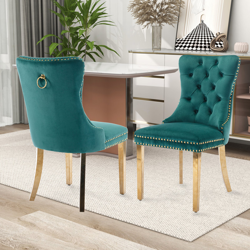 Chaise rembourrée capitonnée, Or, Vert