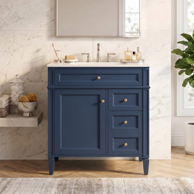 30'' Freestanding Bathroom Vanity with White Ceramic Sink, Modern Bathroom Storage Cabinet with 2 Drawers, Door Shelves, Adjustable Shelf and a Tip-out Drawer, Blue Single Sink Bathroom Vanity