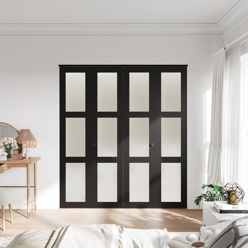 Ensemble de portes pliantes en verre manufacturé 3 pièces en verre givré et noir avec quincaillerie, 48 po x 80 po