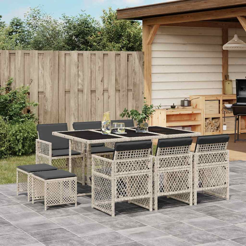 11 Piece Garden Dining Set with Cushions Poly Rattan, Black, Light Grey