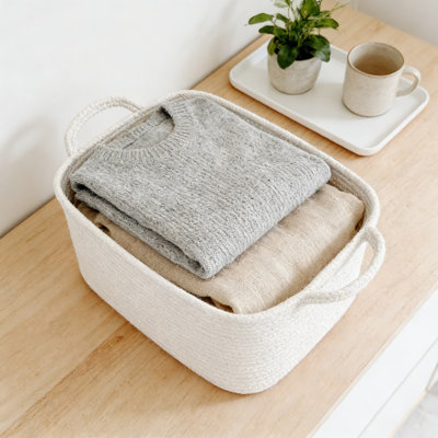 Woven Storage Baskets For Shelves, Soft Cotton Cube Bins With Handles For Organizing Toys, Books, Towels, And Clothes In Closet, Office, Or Nursery