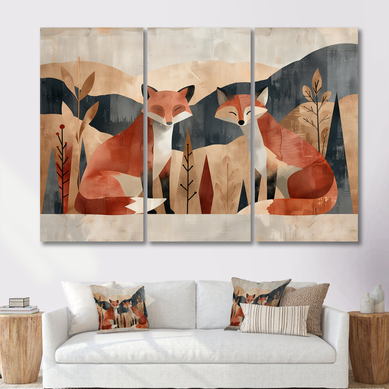 «Minimalist Fox Mountain Landscape II», ensemble d'art mural animal, Toile tendue, H 40 po x l 60 po x P 1 po