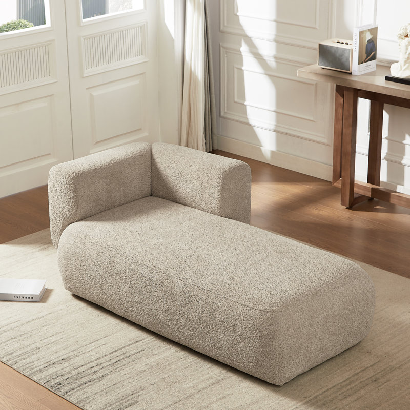 Camel Boucle Upholstered Chaise Lounge with Wood Legs