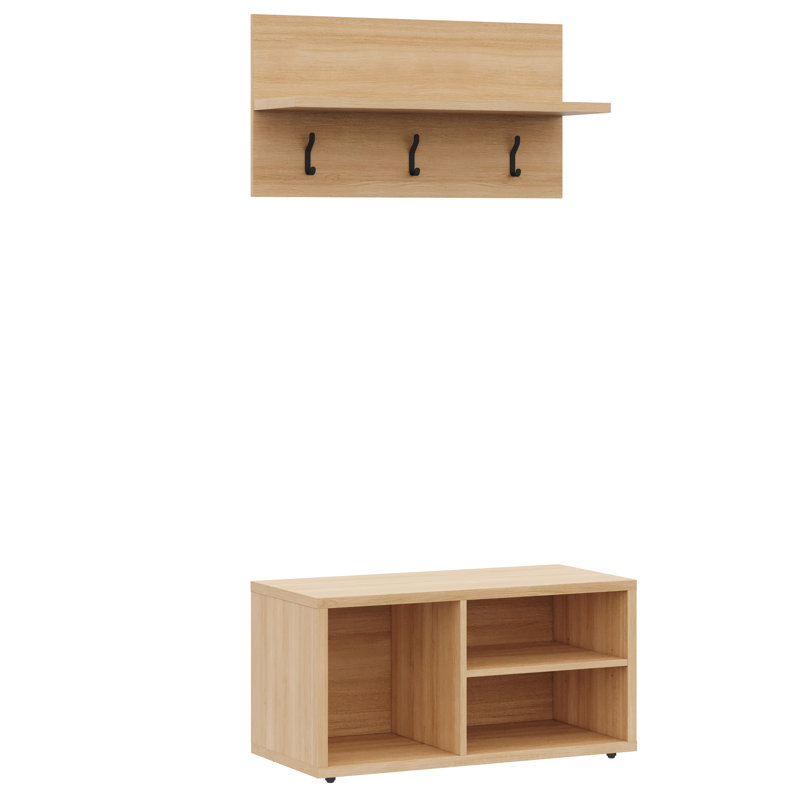 Porto Entryway Wall-Mounted Coat Rack with Shoe Storage Bench, Beige