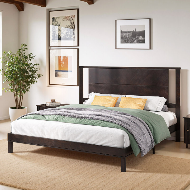 Mid-century Modern Queen Size Solid Wood Bed Frame, Brown, Queen, Brown