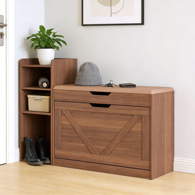 37.8" Shoe Storage Bench With Cushion, Flip-top Shoe Cabinet With Adjustable Shelves And Side Storage Compartment, Modern Narrow Shoe Organizer For Entryway