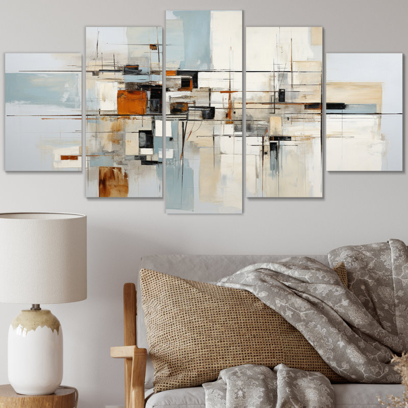 «Beige bleu sarcelle», impression sur toile abstraite - 5 panneaux