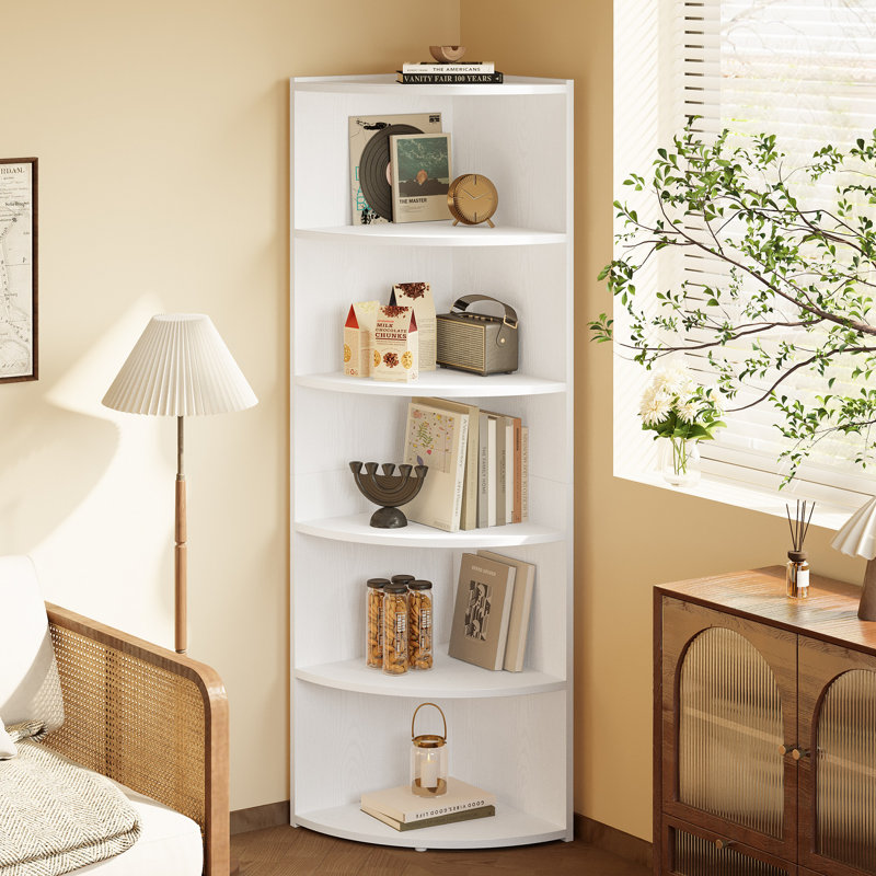 Finkel 66.9" H x 17.2" W Fan-Shaped 6-Tier Corner Bookcase, Wooden Opening Bookshelf, White